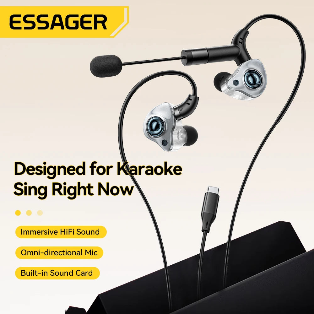 ESSAGER SK1 Karaoke Wired Earphones with Built-in Sound Card