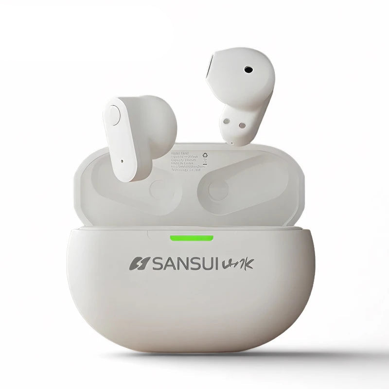 Sansui wireless earbuds with charging case on a white background