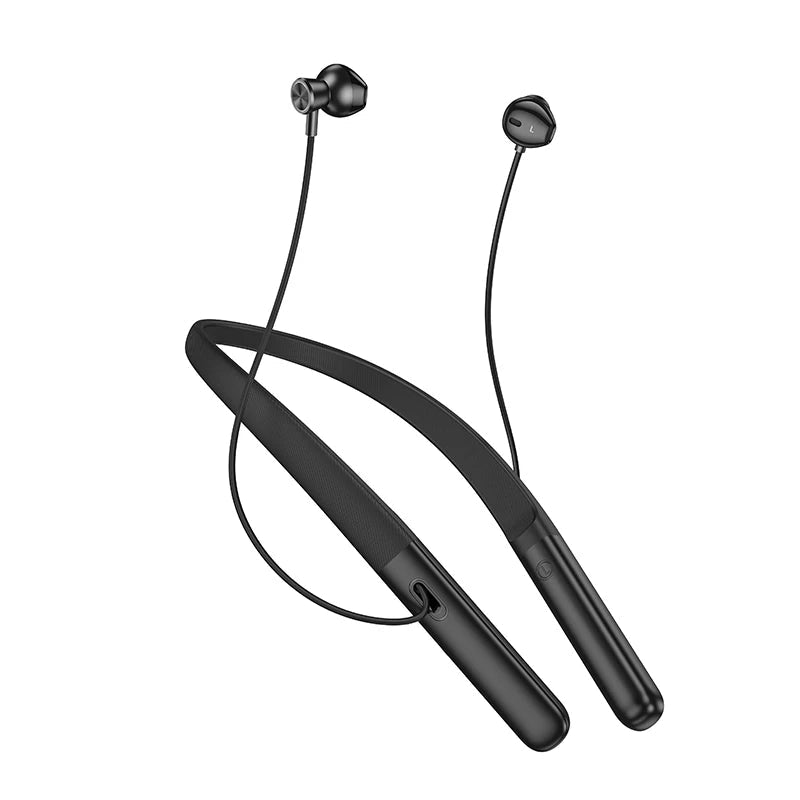 Black neck-mounted Bluetooth earphones with 'hoco.' branding on a white background