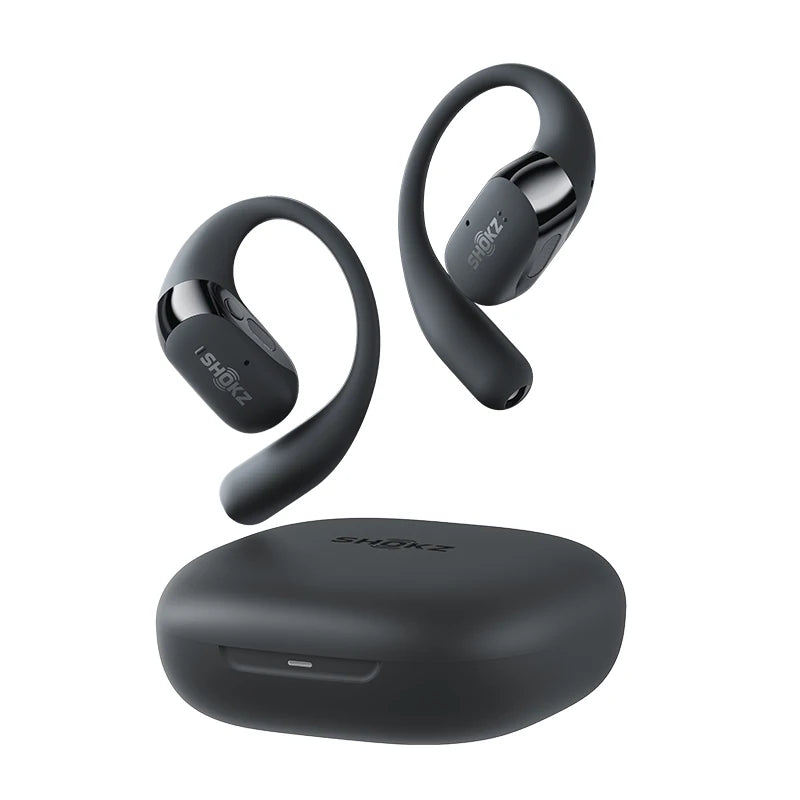 Black wireless earbuds with charging case on a white background