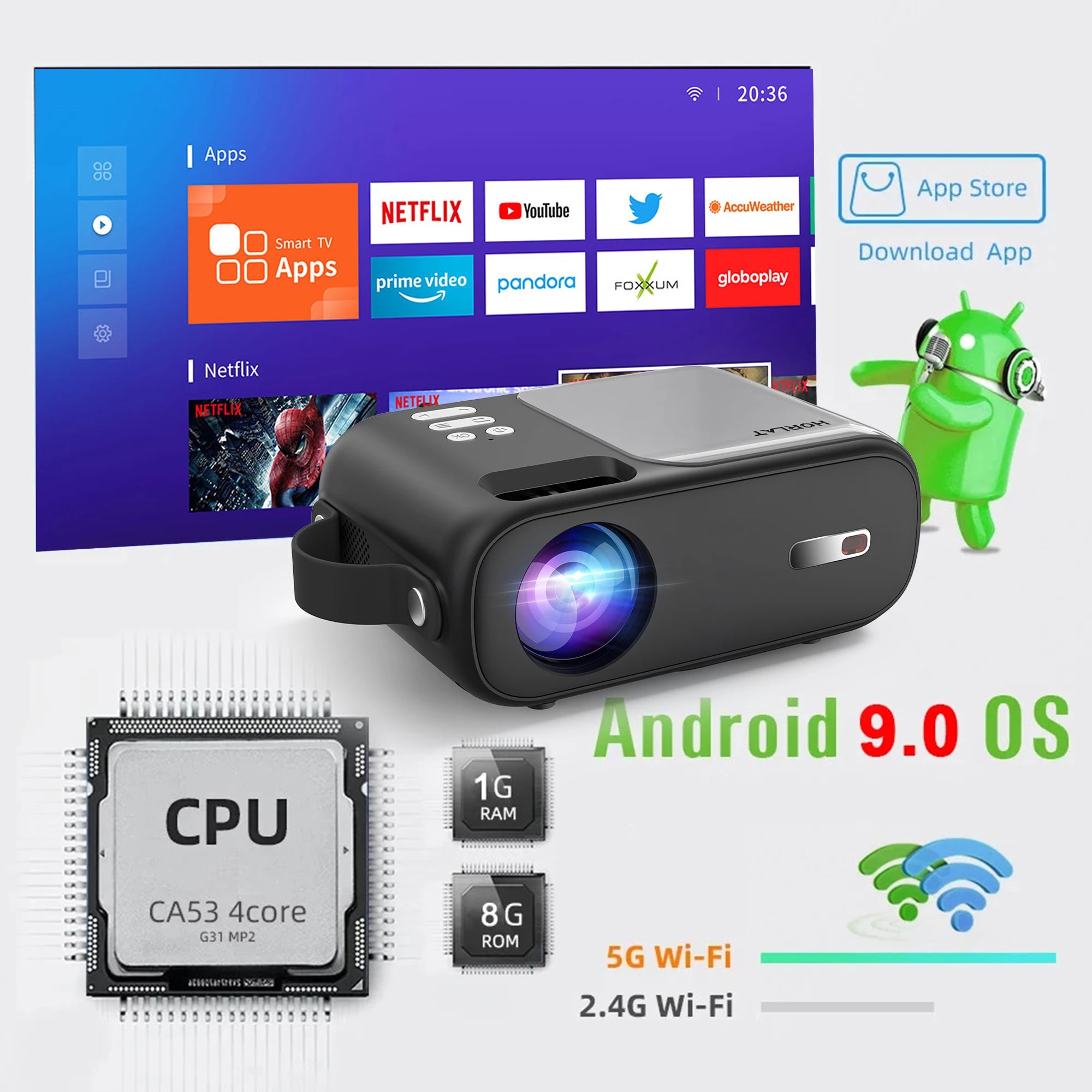HORLAT 9800 Lumens Smart Home Cinema Mini Projector