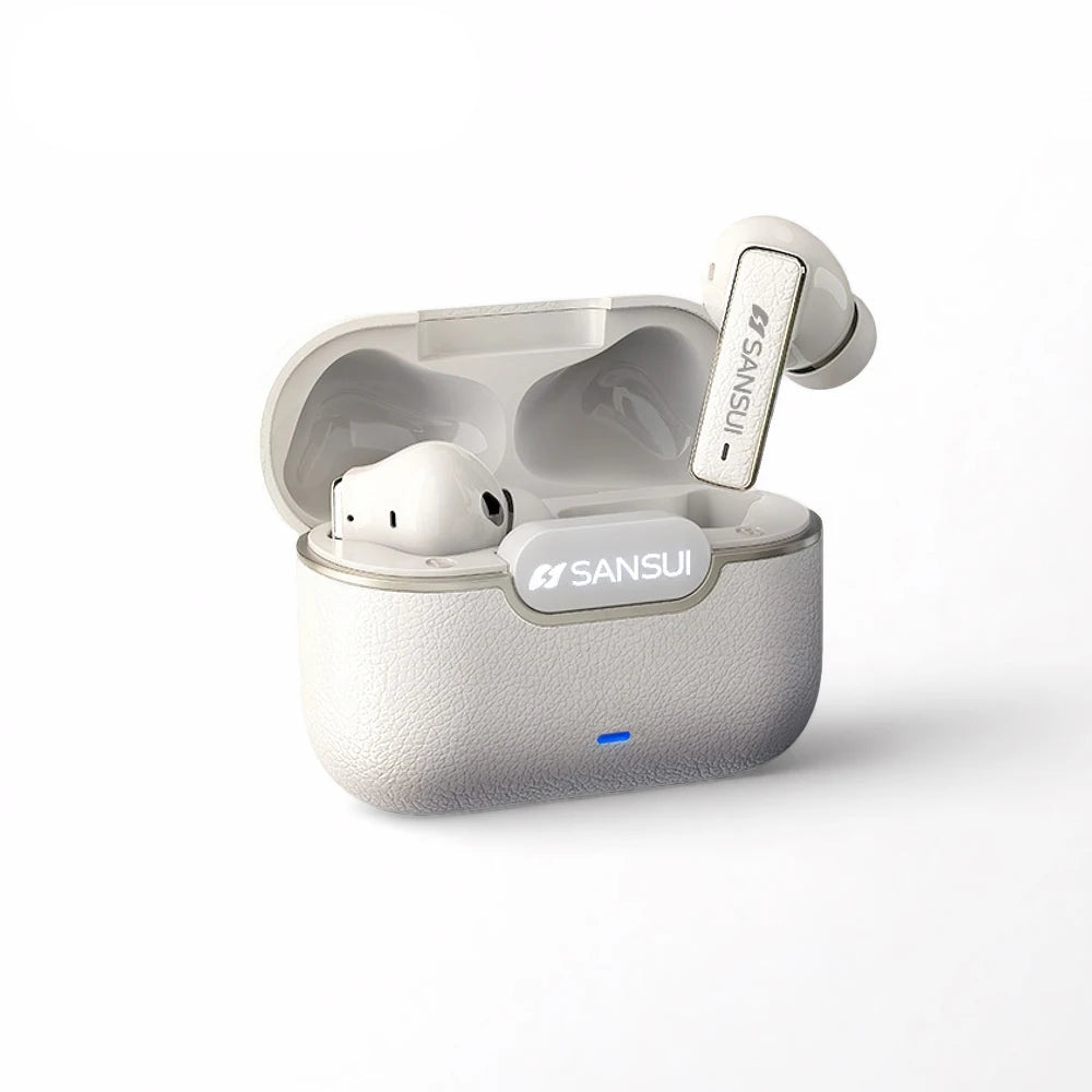 Sansui wireless earbuds with charging case on a white background