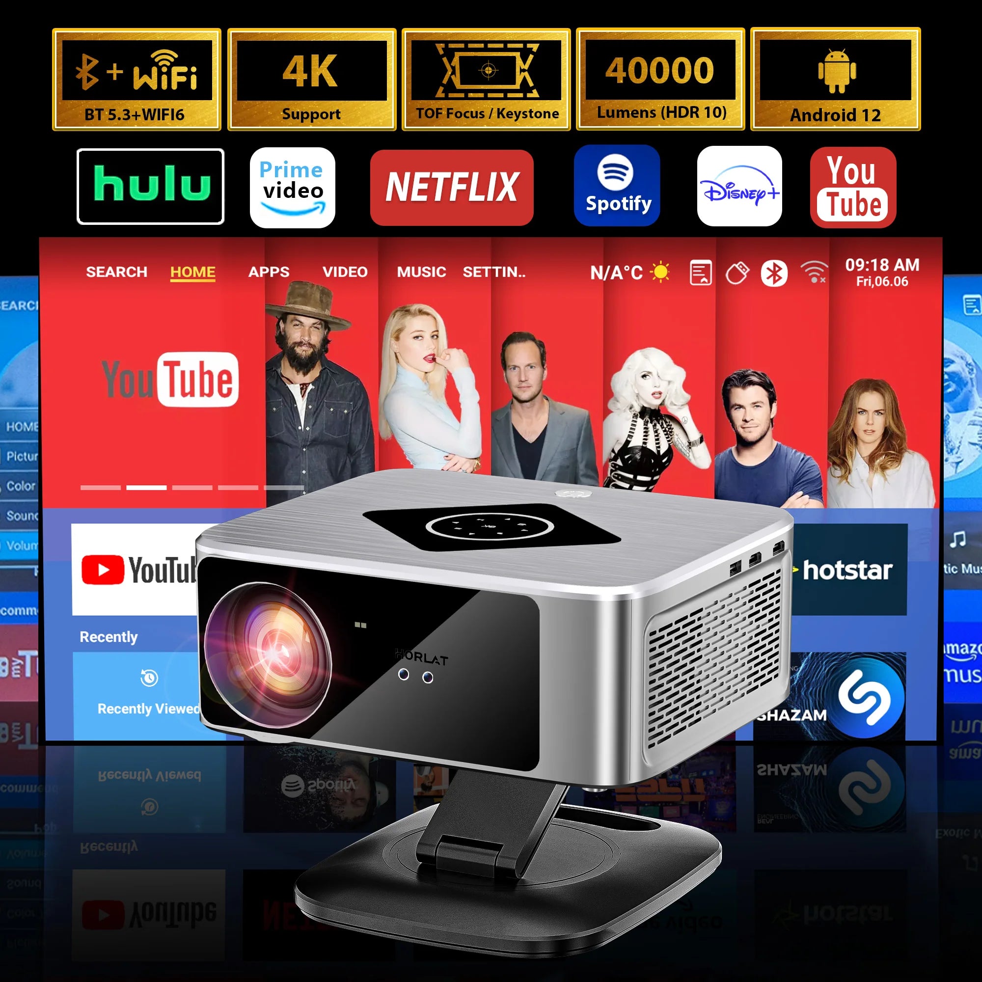 HORLAT 40000 Lumens FHD Smart Home Cinema Projector & Stand