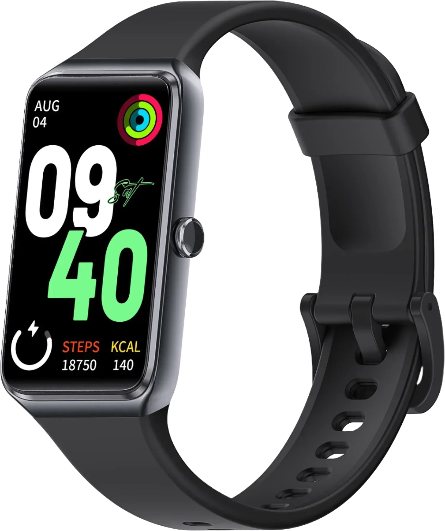 Black fitness tracker with a colourful display on a white background
