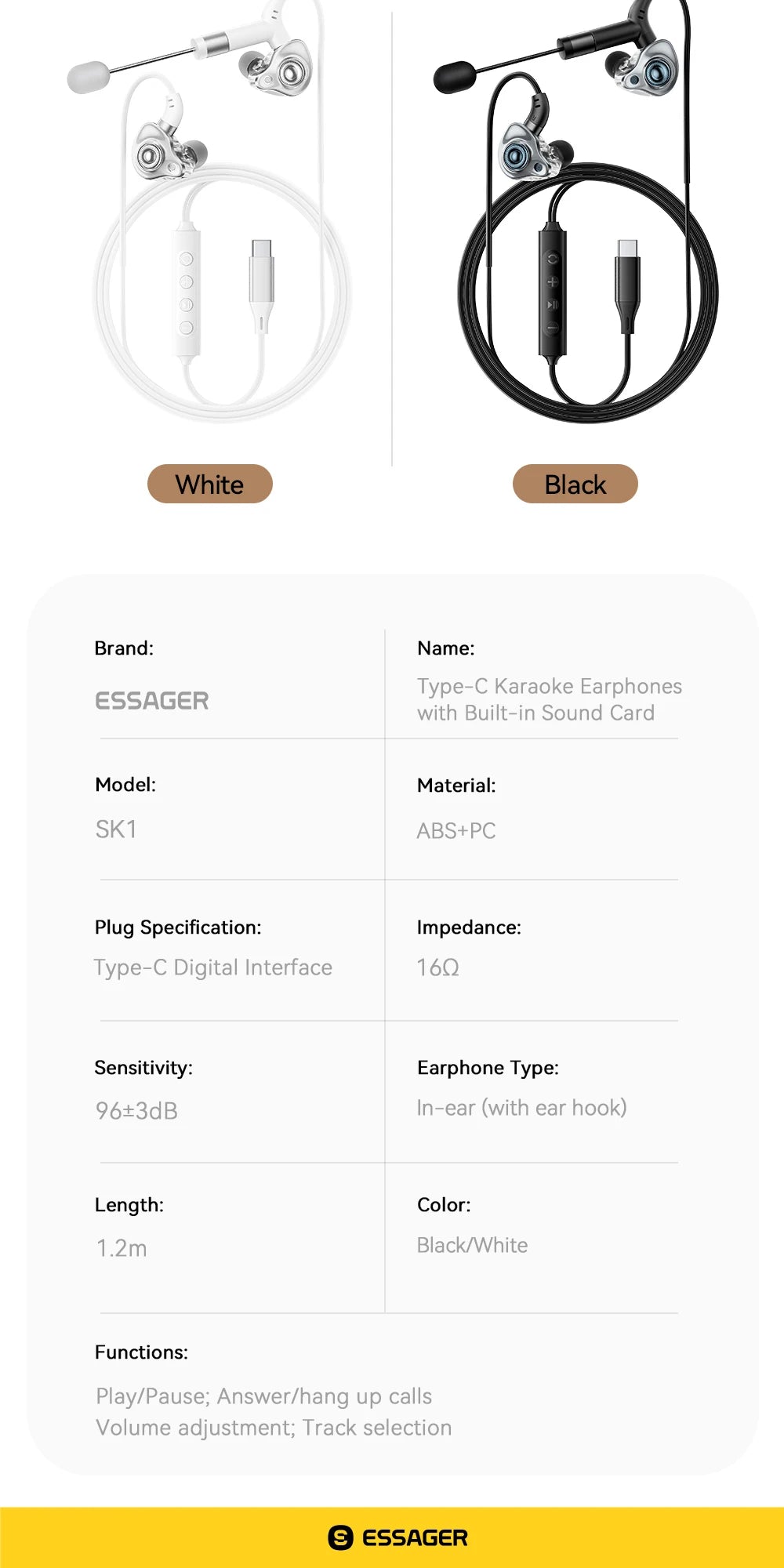 ESSAGER SK1 Karaoke Wired Earphones with Built-in Sound Card