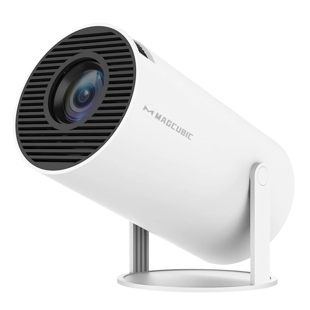 White home cinema projector with black lens on a white background