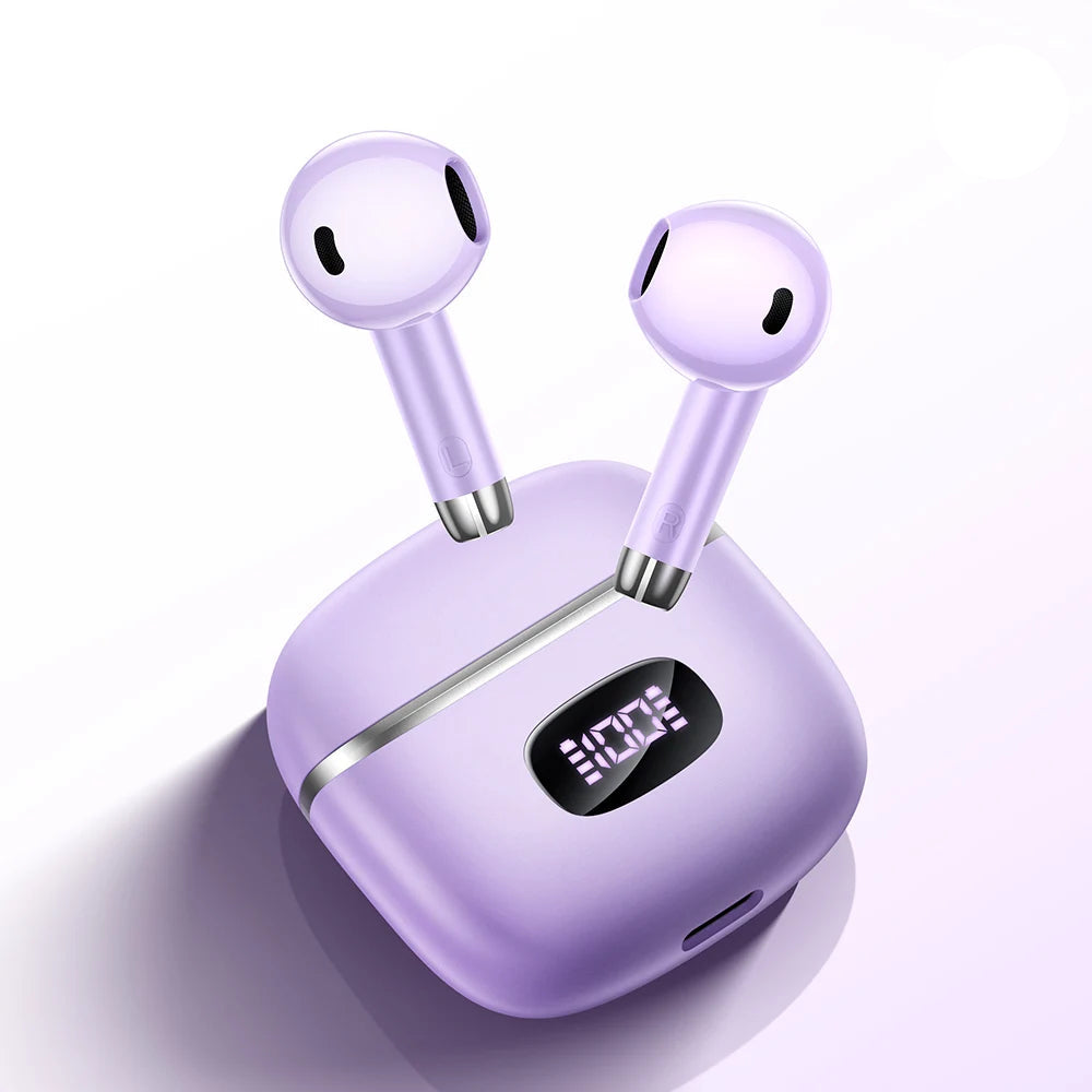 Purple wireless earbuds with charging case on a light purple background, featuring the hoco brand.