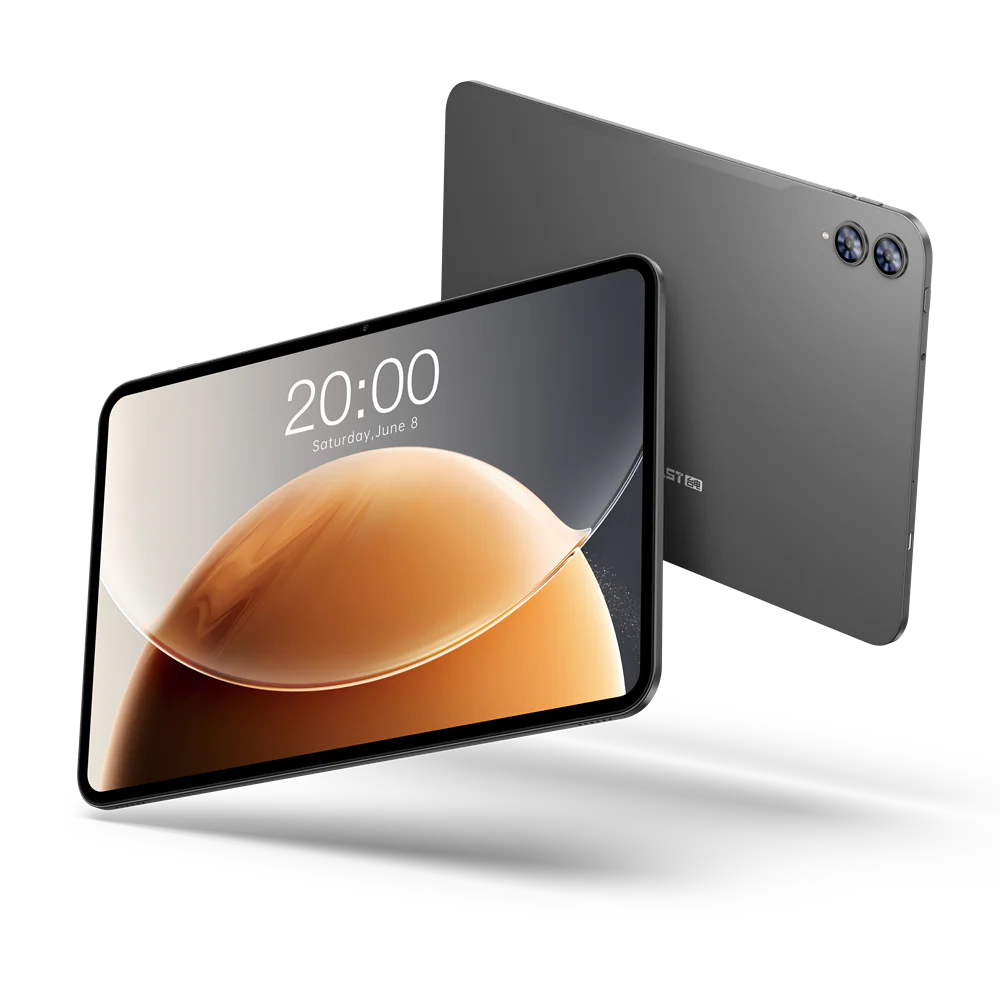 Tablet device showing time and date on screen with back view displayed.