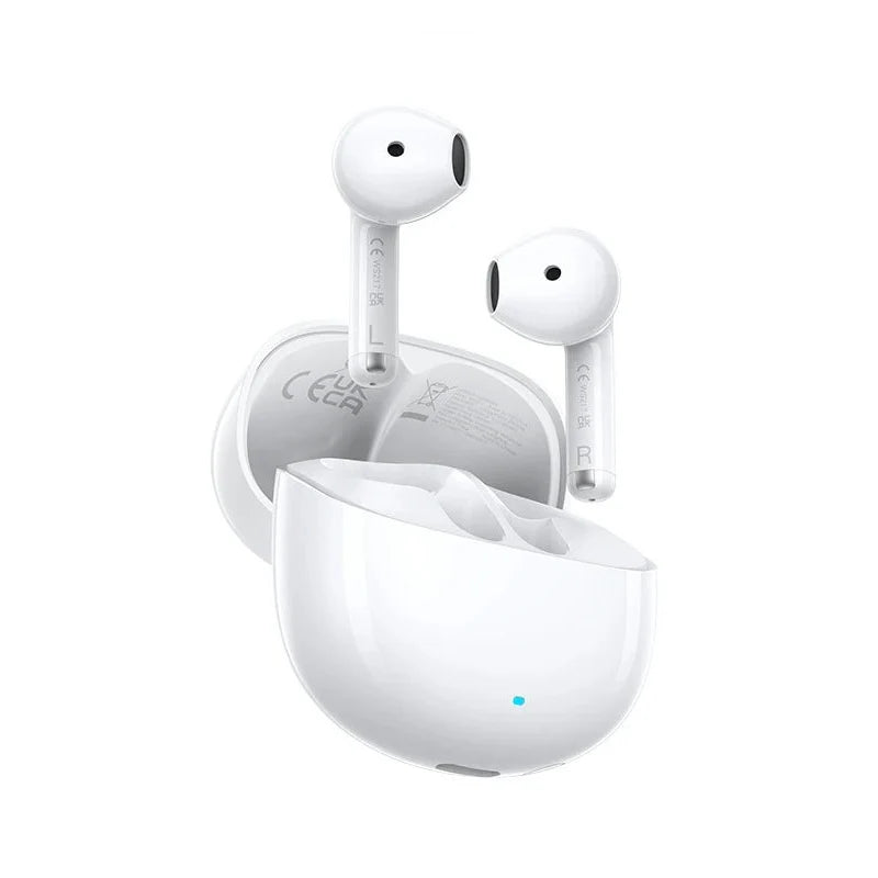 White wireless earbuds with charging case on a white background