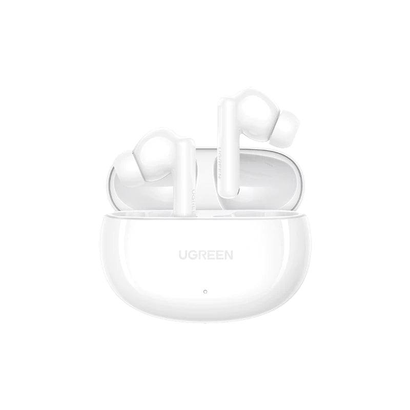 White wireless earbuds with charging case on a white background, featuring the UGREEN brand.